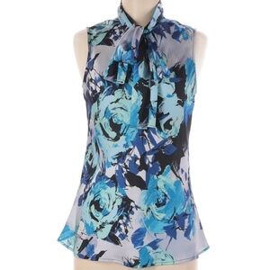 NINE WEST Floral Blue Sleeveless Top Necktie  Office Career Evening Sz M EUC